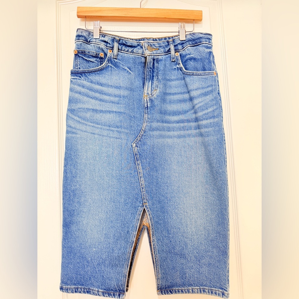 Vintage Lucky Brand Denim Midi Skirt Y2K Front Slit Blue Jean Skirt Size 27